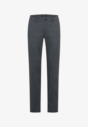 Pantaloni grigi con un sottile motivo a quadri, realizzati in un tessuto testurizzato, con una vita standard e chiusura a un bottone.