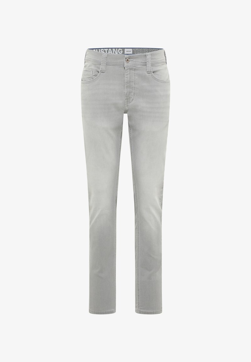 Halljad denim teksad sirge jala lõikega, viie taskuga disainiga, õmblusdetailide ja kontrastse elastse vöökoha leidmisega.