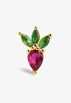 Goldfarbener Brosche mit einem tropfenförmigen pinken Edelstein und drei marquiseförmigen grünen Edelsteinen, die ein Blattmotiv bilden.