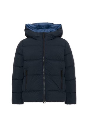 Chaqueta acolchada azul marino con capucha, cremallera frontal, dos bolsillos laterales con cremallera y forro azul claro dentro de la capucha.