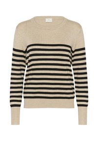 Beige strikket sweater med sorte horisontale striber, rund halsudskæring, lange ærmer og ribstrikkede manchetter og kant.