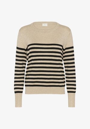 Beežika värvi kudumistega kampsun mustade horisontaalsete triipudega, ümara kaelusega, pikkade varrukatega ja soonikkoes mansettide ning äärega.