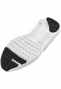 Musteen mustavalkoinen urheilujalkineen pohja, jossa on teksturoitu pito, sisältäen pyöreitä ja aaltoilevia muotoja pysyvyyden ja vakauden takaamiseksi.