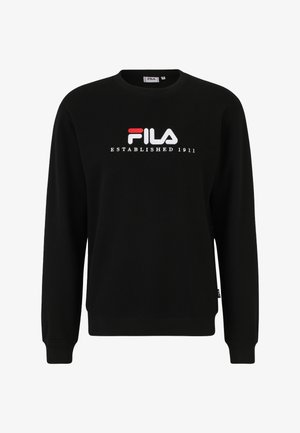Schwarzer Pullover mit langen Ärmeln, Rundhalsausschnitt und gerippten Bündchen. Mit weißem und rotem, gesticktem "FILA"-Logo und dem Text "ESTABLISHED 1911".