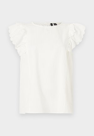 Λευκό τοπ με κοντά, φραμπαλά μανίκια με κυματιστά άκρα, στρογγυλή λαιμόκοψη και ίσιο τελείωμα. Κατασκευασμένο από ελαφρύ ύφασμα.