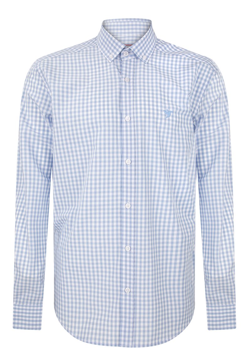 Camisa de manga larga a cuadros en azul claro y blanco, hecha de algodón, con cuello abotonado y un logo en el bolsillo del pecho.