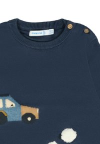 Maglione per neonato blu navy con design a maglia di un'auto, colletto a costine e due bottoni in legno sulla spalla, taglia 12 mesi.