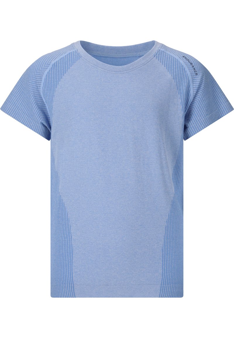 Lichtblauwe t-shirt met korte mouwen en ribbelaccenten op de schouders en zijkanten, gemaakt van zachte stof, met een ronde halslijn en een rechte snit.