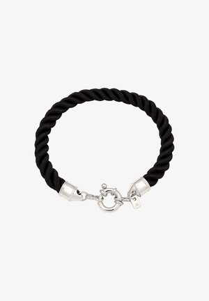 Sort snoet reb bracelet med sølvfarvede metalender, rund lås med en lille tag detalje. Tekstureret, holdbart materiale.
