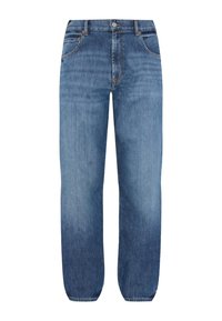 Jeans in denim blu chiaro con taglio dritto, caratterizzati da cinque tasche, passanti per cintura e chiusura con bottone. Tessuto leggermente sbiadito.