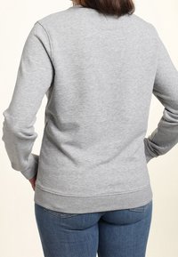 Sudadera gris hecha de una tela suave, con mangas largas, cuello redondo y dobladillo acanalado. Llevada con jeans azules, mostrando la vista trasera.