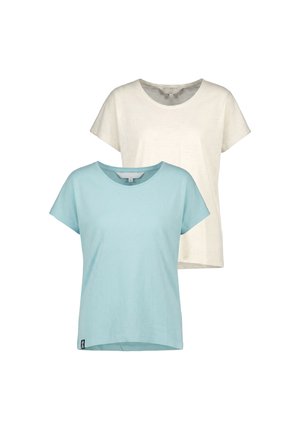 Zwei schlichte T-Shirts mit Rundhalsausschnitt und kurzen Ärmeln, eines hellblau vorne und eines cremeweiß hinten, auf weißem Hintergrund dargestellt.