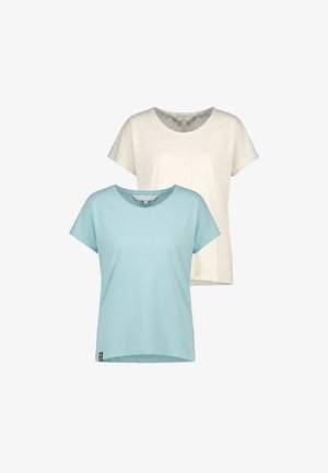 Zwei schlichte T-Shirts mit Rundhalsausschnitt und kurzen Ärmeln, eines hellblau vorne und eines cremeweiß hinten, auf weißem Hintergrund dargestellt.