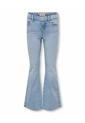 Jean flare en denim bleu clair avec bouton et fermeture éclair à l'avant, passants pour ceinture, poches avant et arrière, et une étiquette de marque "ONLY" sur la ceinture.