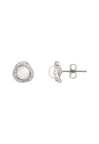 Pearl stud earrings with a silver-tone setting, surrounded by small clear gemstones, featuring a round shape and smooth texture.