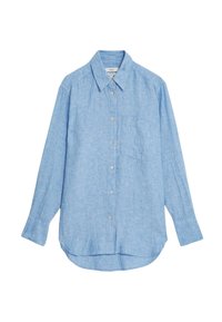 Camisa de botón de manga larga azul claro, hecha de tela de lino, con cuello, bolsillo frontal y dobladillo redondeado, con un ajuste relajado.