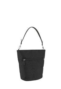 Sort taske lavet af robust stof, der har en glat overflade, et håndtag på toppen og en frontlomme med lynlås med et minimalistisk design.