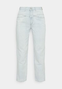 Ljusblå raka jeans med hög midja, framknapp och bälteshällor på vit bakgrund.