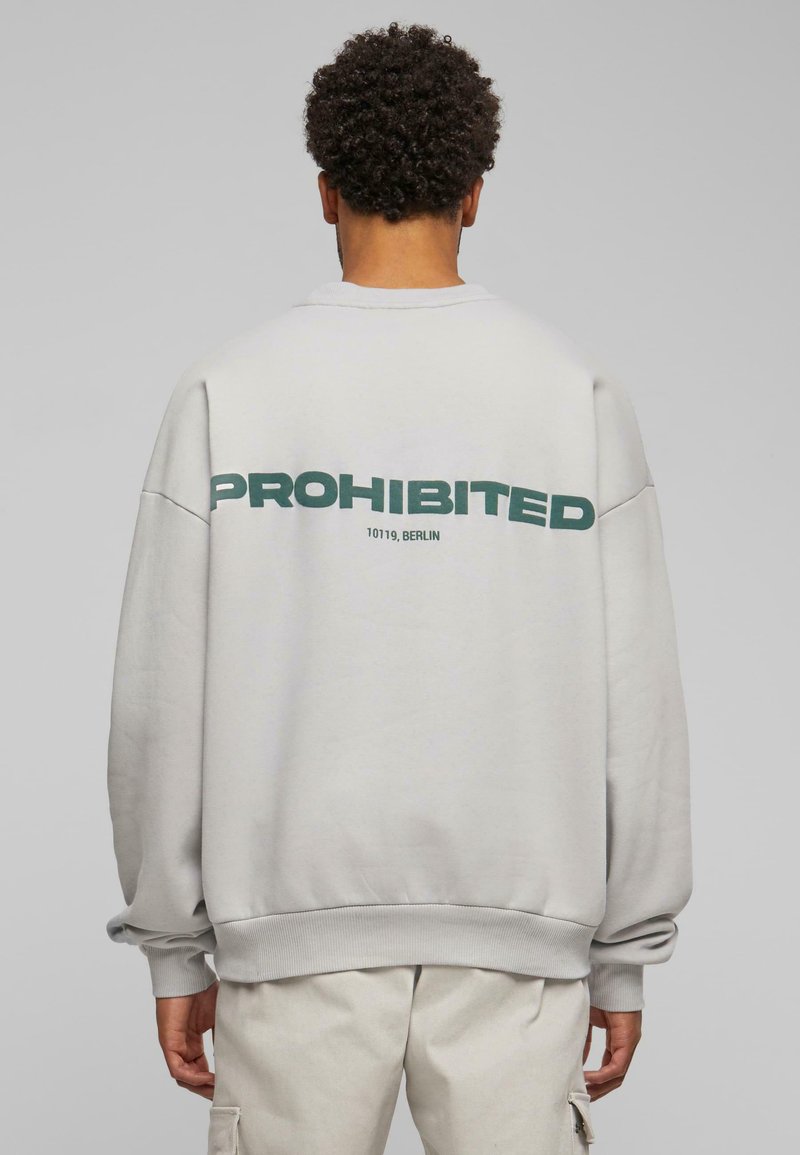 Sweatshirt oversize gris clair avec un col rond, ornée d'un texte vert en gras "INTERDIT" et "10119, BERLIN" imprimé au dos.