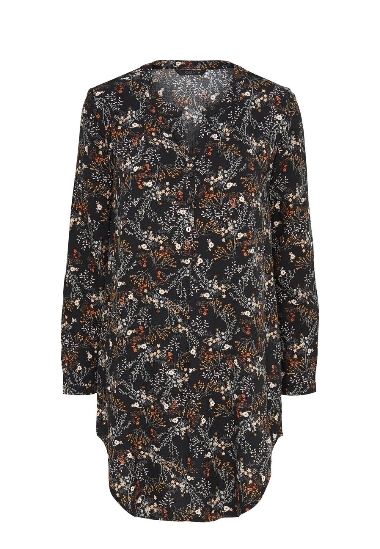 Blouse noire à motif floral avec manches longues, dotée d'un ourlet arrondi, d'une fermeture boutonnée à l'avant, et d'un motif de fleurs blanches et rouille sur un fond sombre.