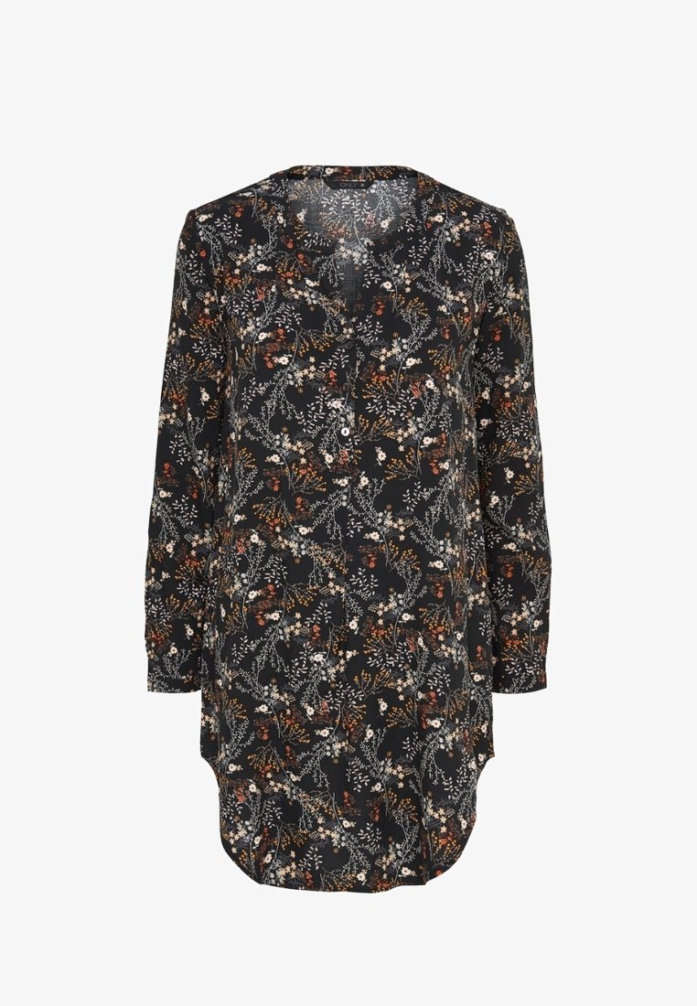 Blouse noire à motif floral avec manches longues, dotée d'un ourlet arrondi, d'une fermeture boutonnée à l'avant, et d'un motif de fleurs blanches et rouille sur un fond sombre.