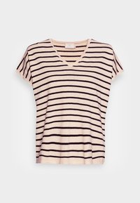 Gestreiftes Kurzarm-V-Ausschnitt-T-Shirt in Creme mit Marineblauen Streifen. Verfügt über eine lockere Passform und eine weiche Textur. Etikett am Halsausschnitt sichtbar.