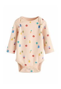 Pitkähihaista vauvan bodya pehmeästä persikkakankaasta, jossa on värikkäitä hedelmien ja vihannesten printtejä. Bodyssa on nepparit alhaalla, mikä helpottaa päälle pukemista.