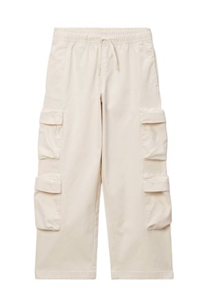 Pantalon cargo beige à jambes larges avec taille élastique, cordon de serrage et deux poches à rabat sur chaque jambe.