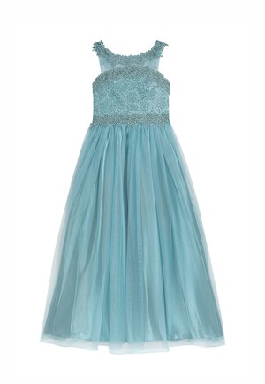 Ein ärmelloses, bodenlanges Kleid in Hellblau mit einem detaillierten, strukturierten Oberteil und einem fließenden Tüllrock.