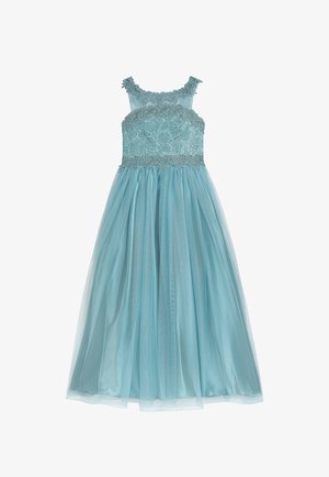 Ein ärmelloses, bodenlanges Kleid in Hellblau mit einem detaillierten, strukturierten Oberteil und einem fließenden Tüllrock.