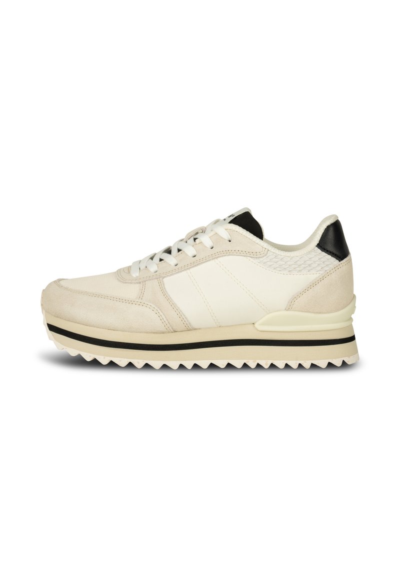 Beiga sneakers i texturerad mocka, släta tygpaneler och en svart hälaccent. Har en lagerbyggd sula med zickzackmönster.