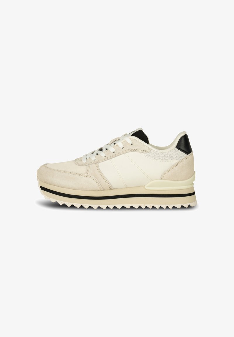 Beiga sneakers i texturerad mocka, släta tygpaneler och en svart hälaccent. Har en lagerbyggd sula med zickzackmönster.
