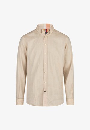 Beige overhemd met lange mouwen, gemaakt van lichtgewicht stof, met een button-down kraag, een subtiele textuur en een contrasterende, gedessineerde binnenkraag.