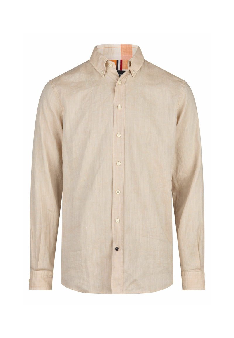 Beige overhemd met lange mouwen, gemaakt van lichtgewicht stof, met een button-down kraag, een subtiele textuur en een contrasterende, gedessineerde binnenkraag.