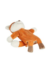 Stuffed fox, orange corduroy body, white plush face and paws, brown feet, relaxed pose, visible soft filling through open back.