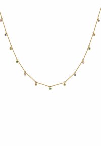 Collar de cadena dorada con múltiples pequeños acentos de piedras coloridas en rosa, azul, verde y transparente, distribuidos uniformemente a lo largo de su longitud.