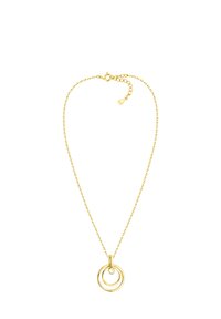 Guldtonad halsband med två sammanflätade cirklar, en liten ädelstensemblem och ett tunt kedja med justerbar lås.