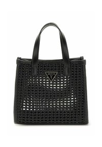 Sac fourre-tout noir avec un matériau tissé, des poignées en cuir et une plaque logo triangulaire bien en vue sur le devant. Design structuré avec un tissage ouvert.