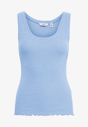 Lichtblauw, geribbeld tanktop met een ronde hals en een gegolfde zoom. Gemaakt van zachte stof, nauwsluitend ontwerp, mouwloos.