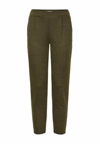 Olivgrön byxor med houndstooth-mönster, med smalnande ben, platt midja och sidofickor. Tillverkade av texturerat tyg.