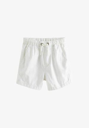 Weiße Baumwollshorts mit elastischem Bund, Kordelzugverschluss und zwei Seitentaschen. Glatte Textur und lässiges Design.