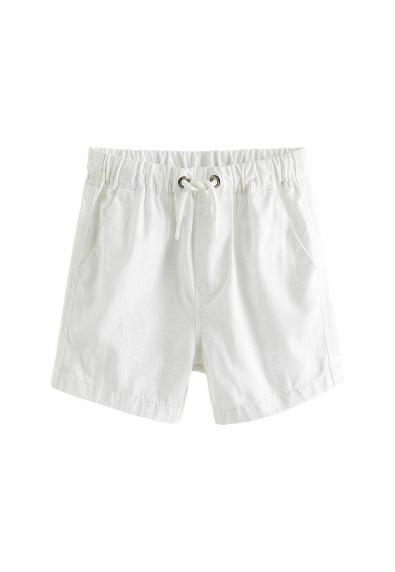 Shorts en coton blancs avec une taille élastique, fermeture à cordon de serrage et deux poches latérales. Texture lisse et design décontracté.