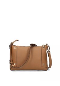 Borsa a tracolla in pelle color cuoio con una forma strutturata, dotata di accessori in metallo dorato e di una tracolla rimovibile. Texture liscia con dettagli di design minimalisti.