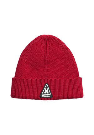 Red knitted beanie with folded edge and a black triangular logo patch labeled Gaastra on the front center.
