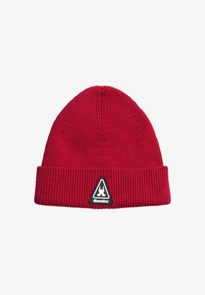 Red knitted beanie with folded edge and a black triangular logo patch labeled Gaastra on the front center.