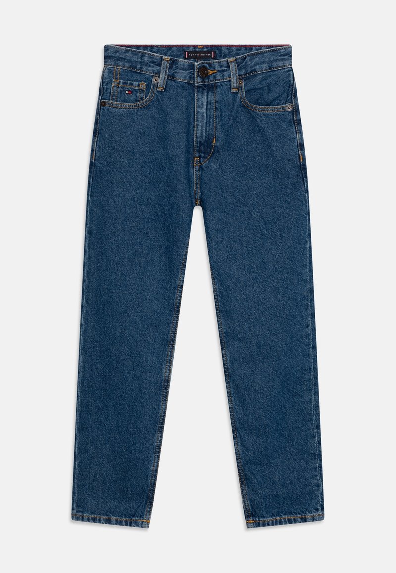 Modré džíny z denimu s rovnými nohavicemi, s knoflíkovým zapínáním, pětikapsovým designem a mírným blednutím pro texturu.