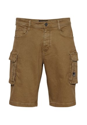 Rudi krovinių šortai iš tvirtos medžiagos, turintys kelias kišenes, klasikinę liemens konstrukciją ir siūlių detales.