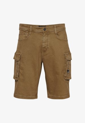 Rudi krovinių šortai iš tvirtos medžiagos, turintys kelias kišenes, klasikinę liemens konstrukciją ir siūlių detales.