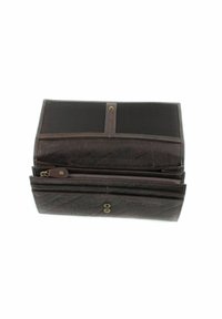 Brown leather wallet with multiple compartments, a zippered section, and press-stud closure. Textured surface with embossed details.