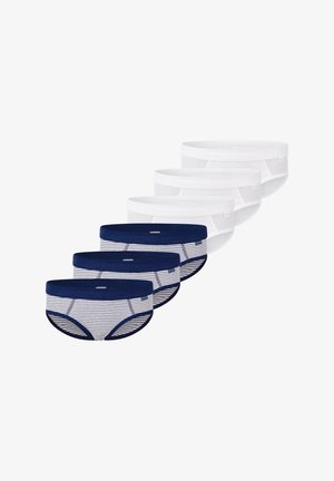 Confezione di cinque mutande. Tre paia bianchi e due blu navy con strisce bianche. Materiale in cotone, design a slip, fascia elastica in vita, texture liscia.